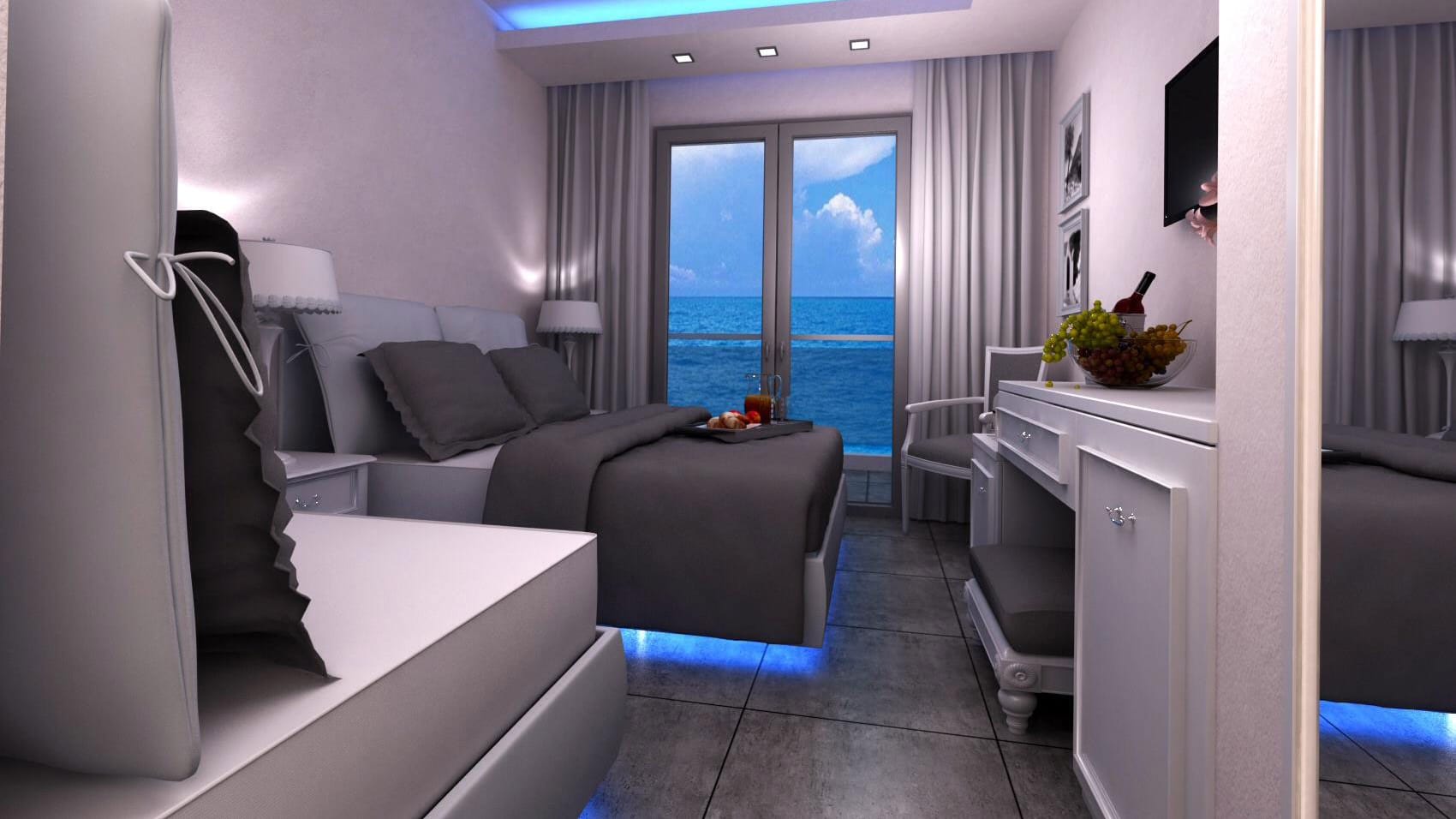 Hotel room with sea view, illustrative